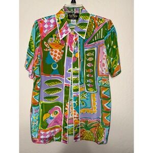 Bob Mackie Wearable Art 100 Silk XS Multi Color Parrot Pineapple Fish Monkey Sht